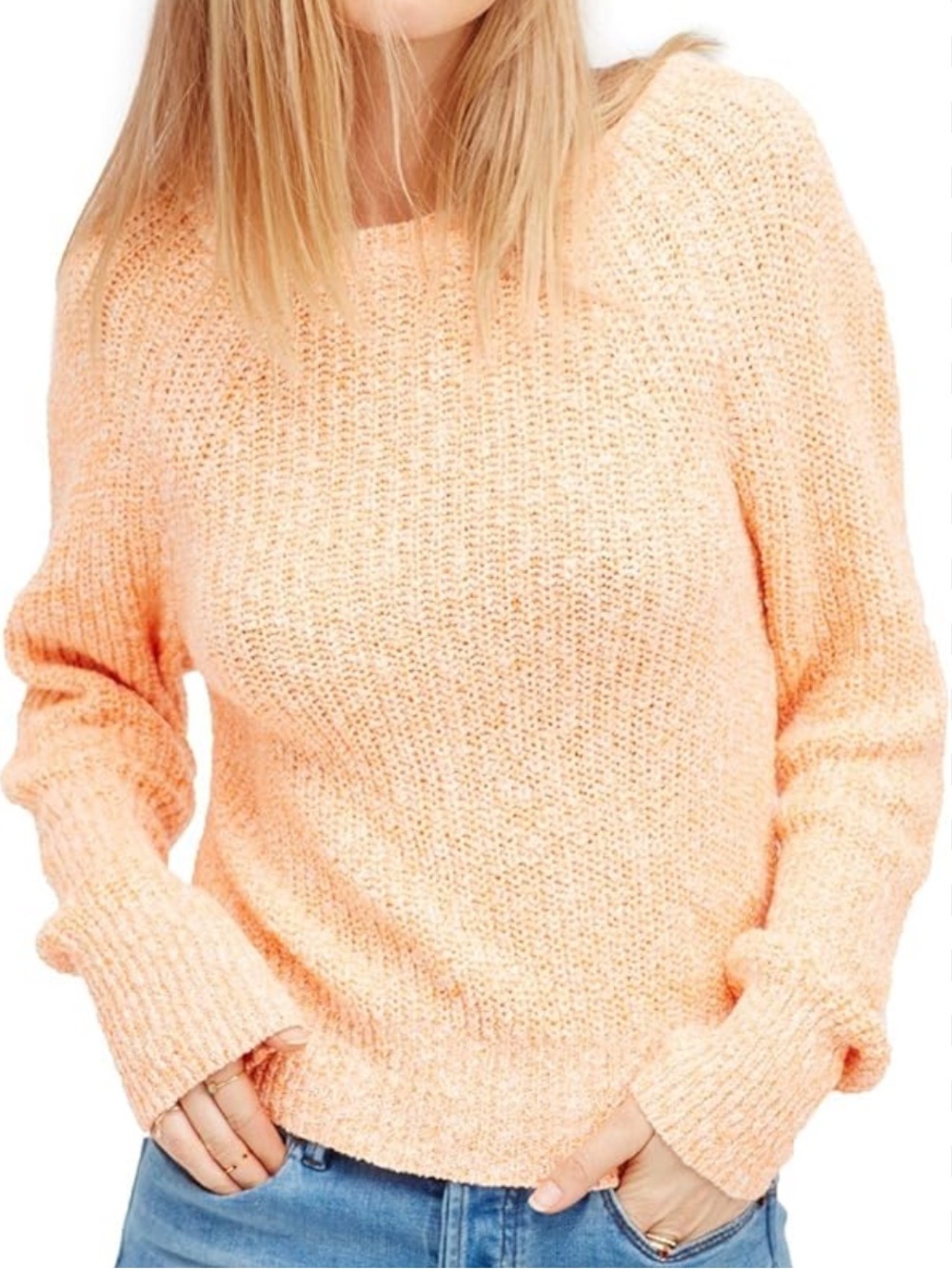 Free people orange knit crew boho long sleeve cotton linen blend sweater size xs